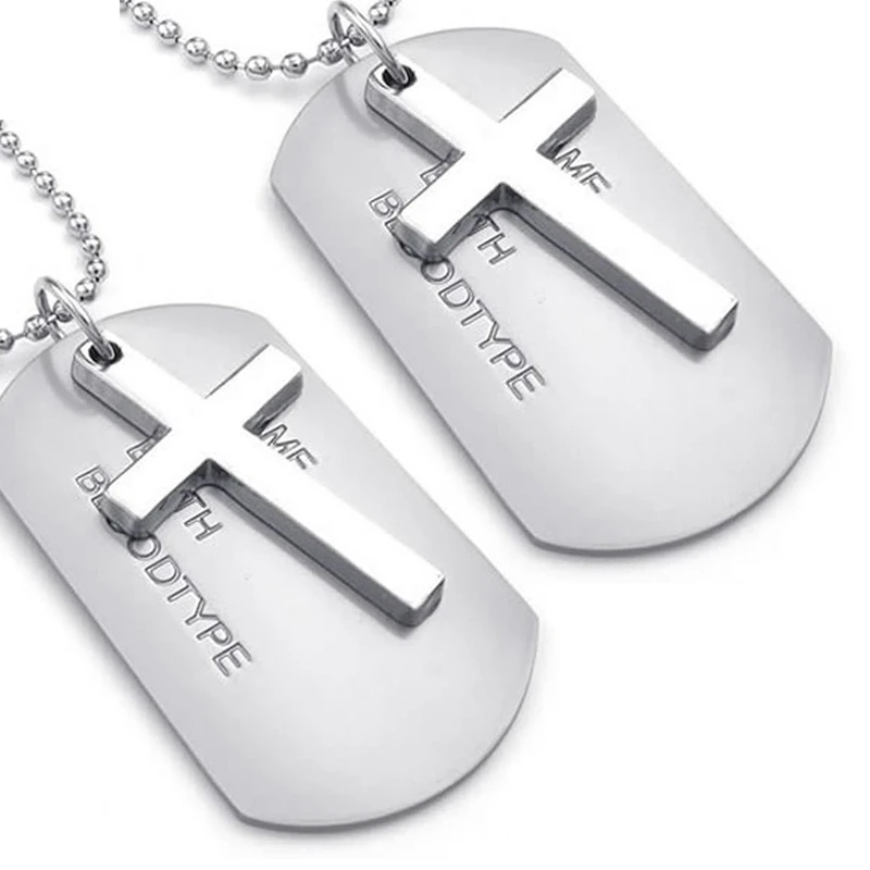 2X Jewelry Men's Necklace, Army Style Cross Tags Dog Tag Alloy Pendant With 68Cm Chain, Silver Color