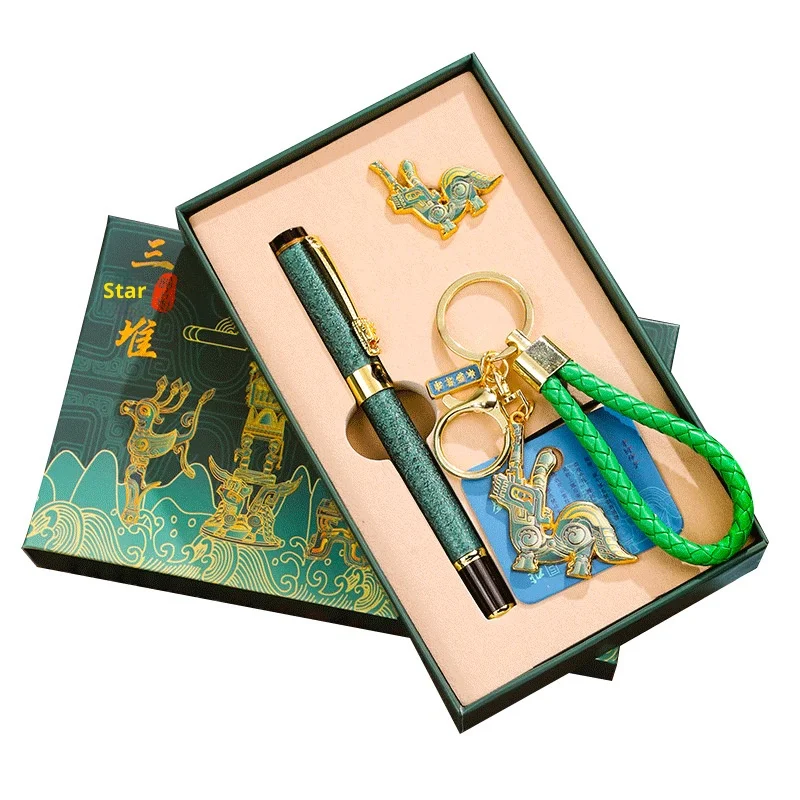 Sanxingdui Bronze Head Keychain&Gel Pen Set,Premium Brass Ornament With Quick-Dry Black Pen Cultural Gift For Special Occasions