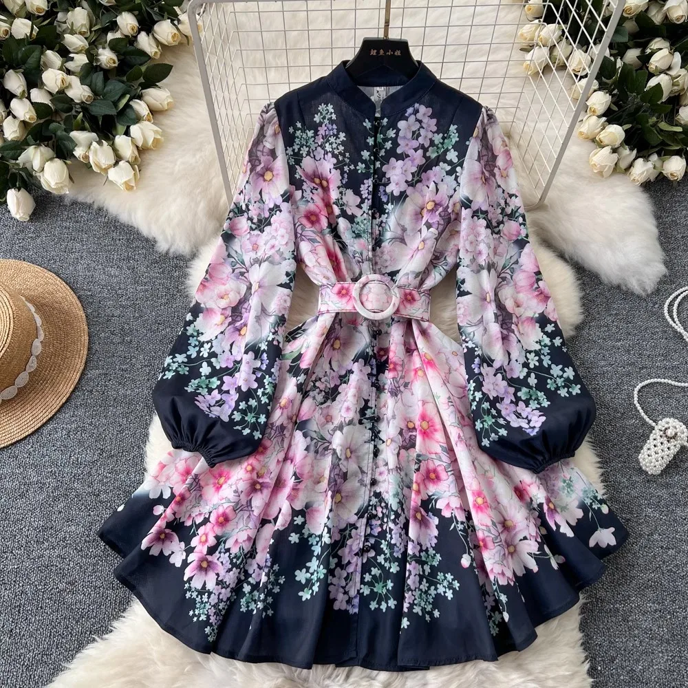 Women Linen Clothing Spring Summer Runway Fashion Flower Print Vintage Dress Stand Neck Long Lantern Sleeve Belted Mini Dress