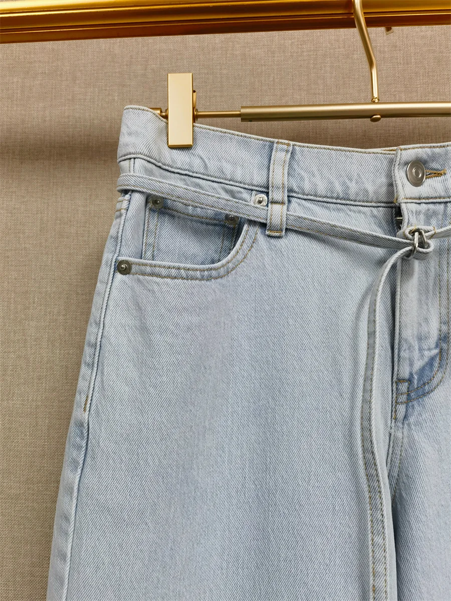 

Spring/Summer Women Bow Drawstring Rhinestone Zipper Washed Denim Pants High Waist Straight Elegant Wide Leg Jeans