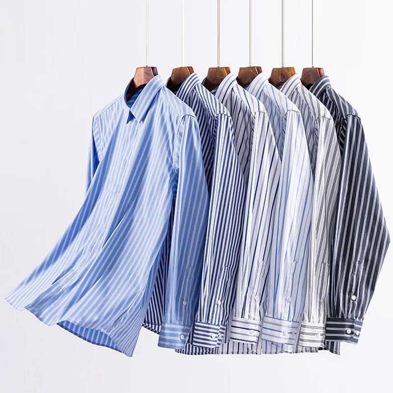 New Quality Concealed Button Men Shirt Long Sleeves Dress Shirts For Men Slim Fit Camisa Social Business Blouse Stripe Shirt 4XL