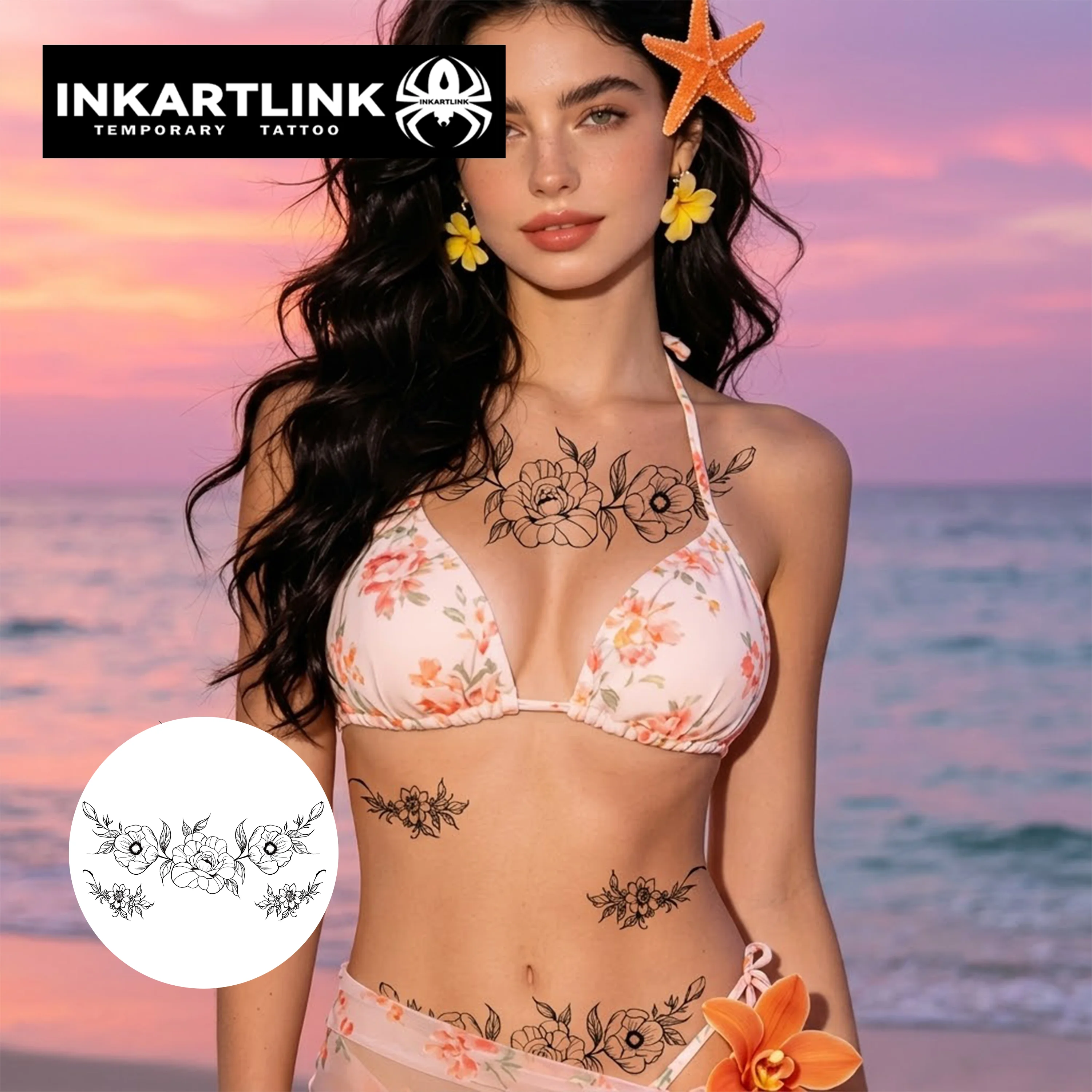 INKARTLINK Multi-piece Floral Chest Adornment Waterproof Tattoo Sticker for Beach Getaways & Resort Vacay.