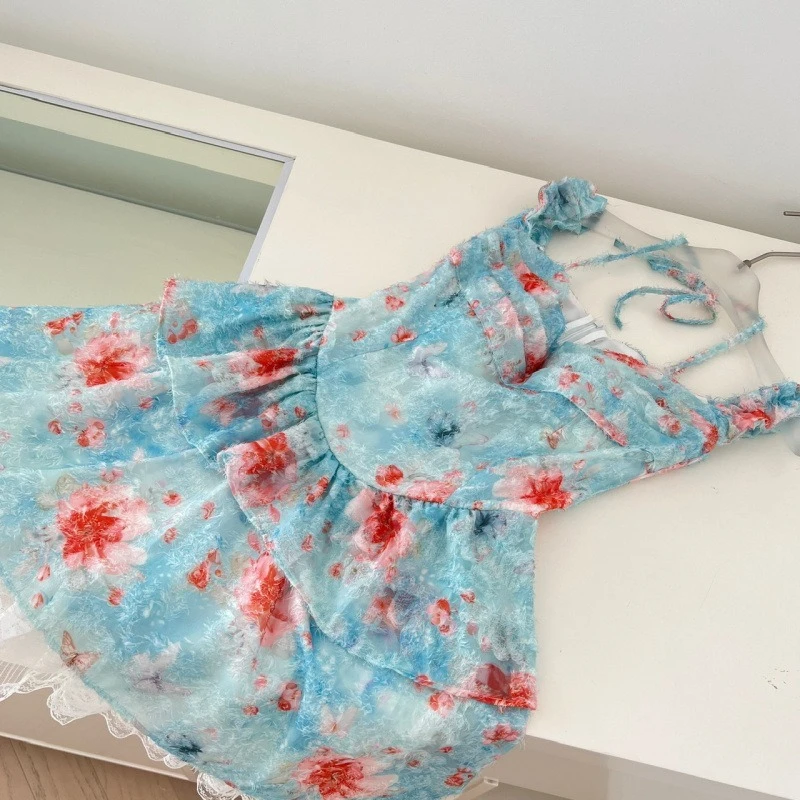 2025 Nuovo dolce pizzo loto floreale mini abito con spalle scoperte Romantico Fairycore sexy chic a-line ricamo trasparente abito vintage carino