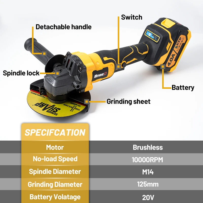 Imagem -02 - Babeq-brushless Angle Grinder Corte sem Fio Polimento Moagem Ferramenta para Trabalhar Madeira 4.0a Li-ion Battery 10000rpm 125 mm