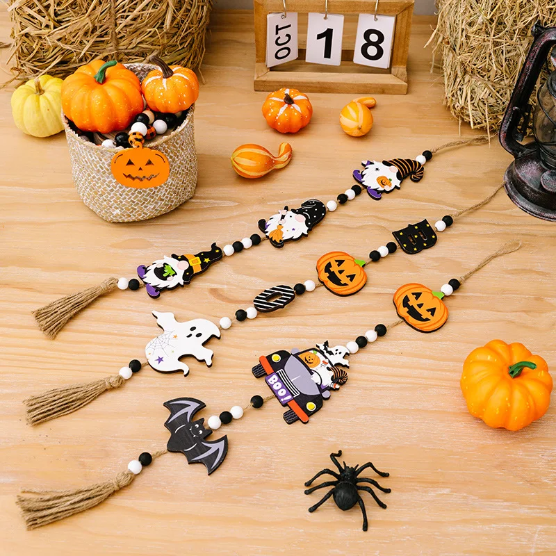2024 Halloween Wooden Tassel Beads Pendant Gnome Pumpkin Bat Ghost wall Hanging Ornaments for Home Tiered Tray Decoration Props