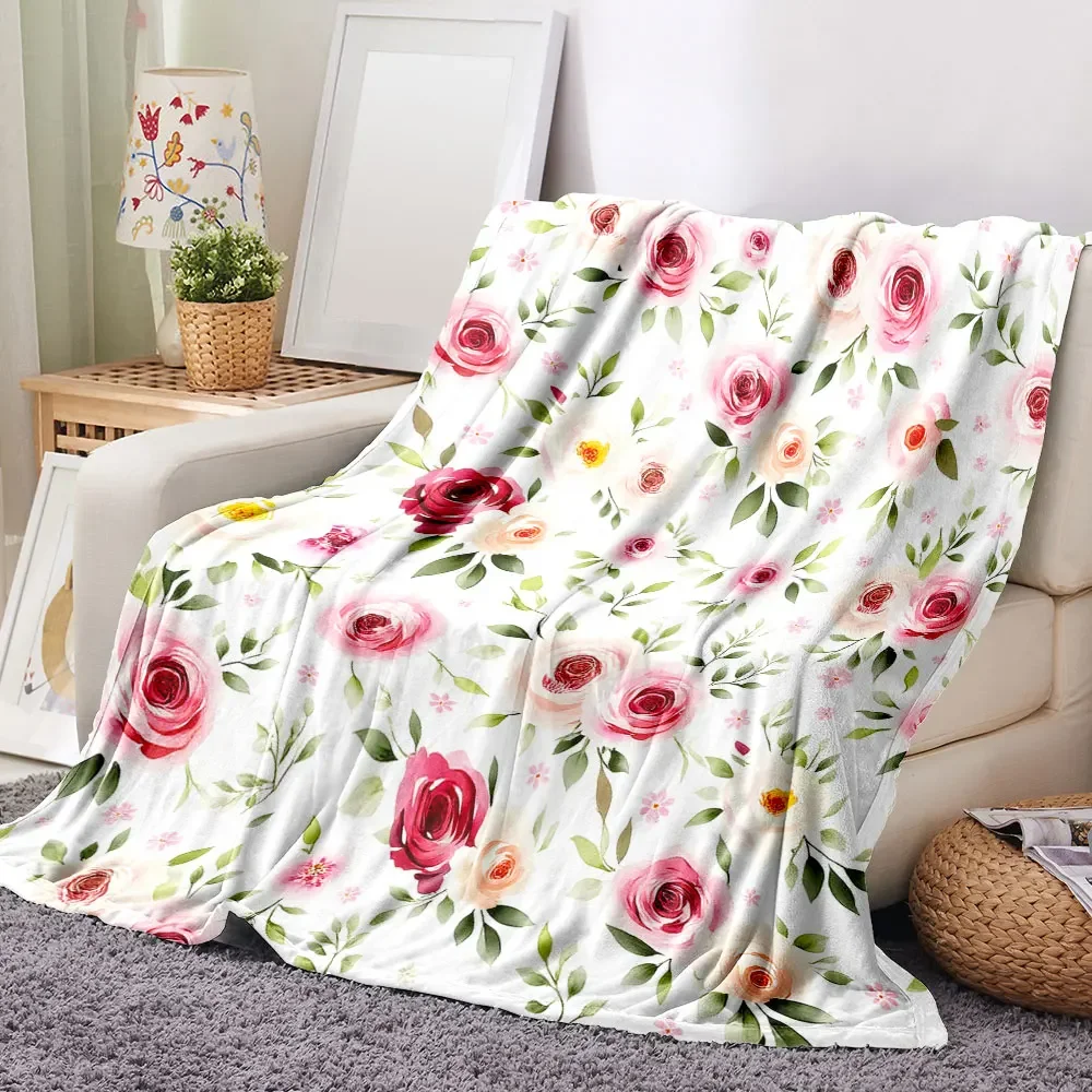 

Whimsical Floral Rose Blanket Soft Watercolor Pink Red Roses with Green Leaves Perfect for Romantic Home Decor