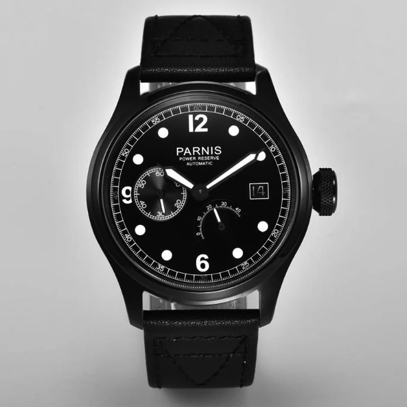 New Fashion Parnis 46.5mm Black Automatic Men Watch Power Reserve Calendar Mechanical Men\'s Watches Luxury 2023 Man Gift Clock