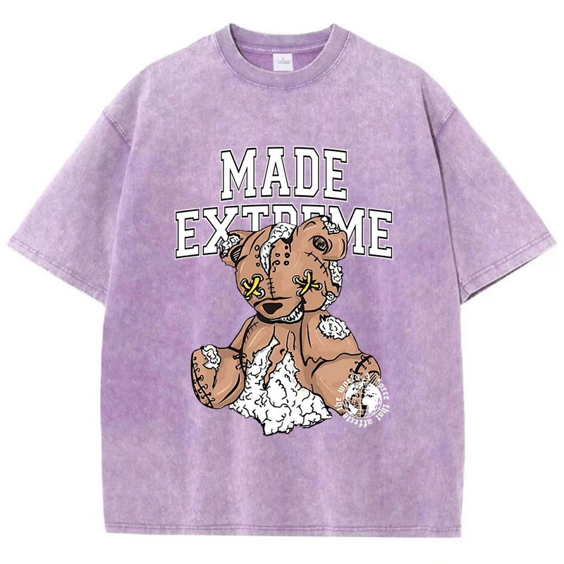 A Severely Injured Teddy Bear Print Women Washed T-Shirts Soft Loose Comfortable Cotton Water Washe Tops Comfyfemale Clothes