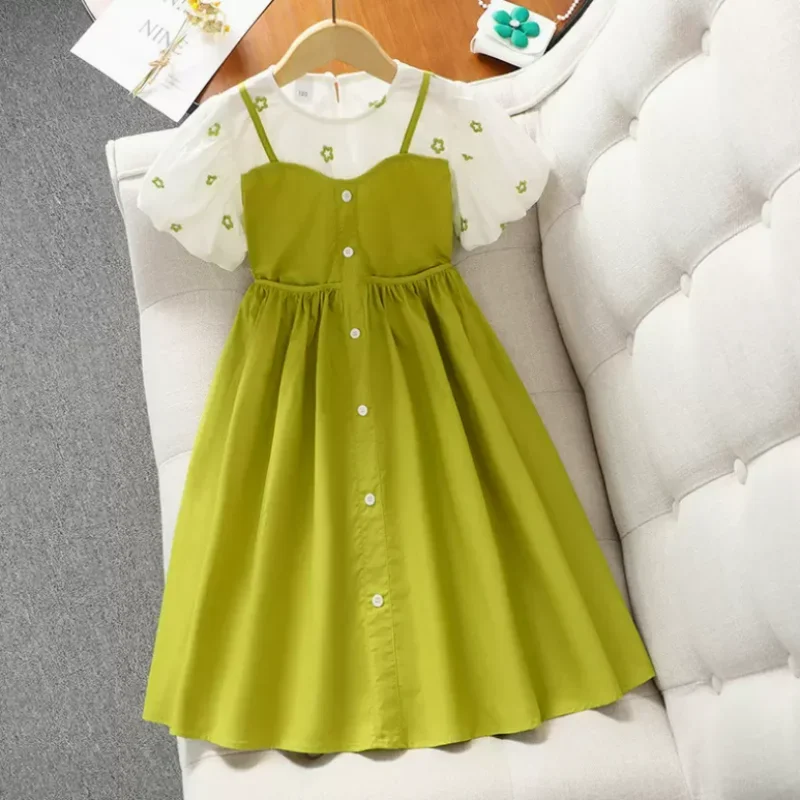 Girls Dress Summer Fashion Kids Dress Fake Two-piece Princess Dresses Children\'s Clothing Bubble Sleeves Girls Clothing 2-14Year