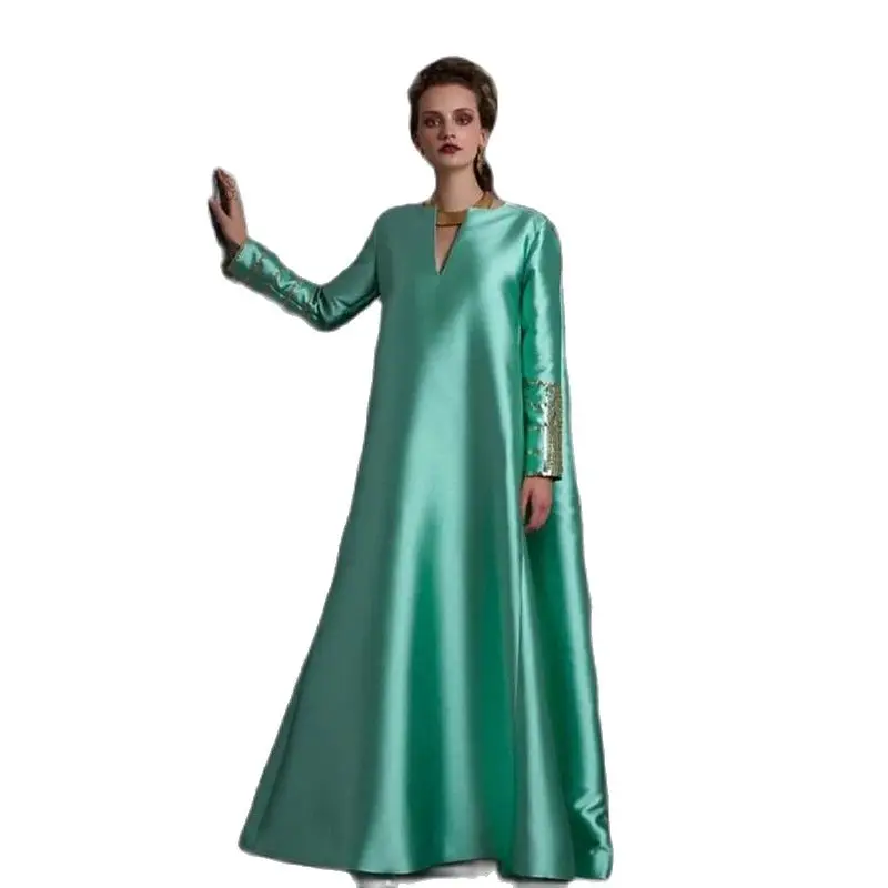 KSDN Luxury Cyan Prom Dress Long Sleeve V-Neck Appliques Floor Length Plus Size Formal Occasion Tailor-made Evening Dresses 2024