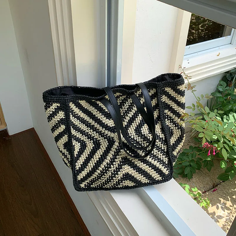 Vintage Summer Bucket Shoulder Bags Designer Women Summer Holiday Straw Bag Pu Leather Spliced Beach Bag Casual Totes Handbag
