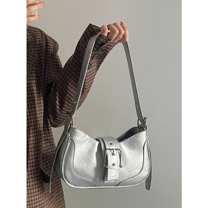 Silver PU Leather Shoulder Bags For Women Designer Handbags Female Vintage Underarm Purse Ladies Elegant Crossbody Sling Bag