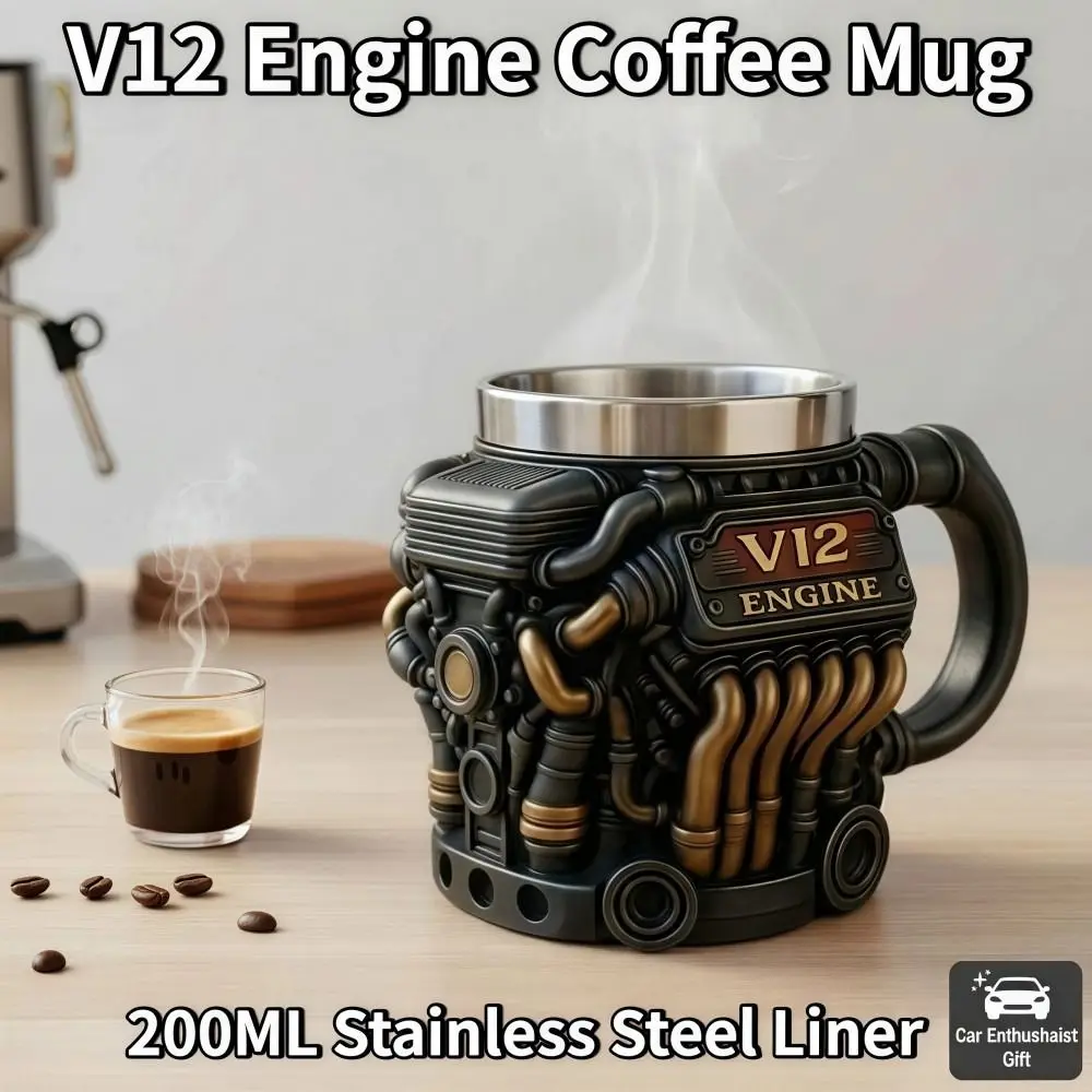 Retro Engine Coffee Mug with Handle Double Wall V12 Engines Stainless Steel Cup 200ML Realistic Design Insulation Car Mug