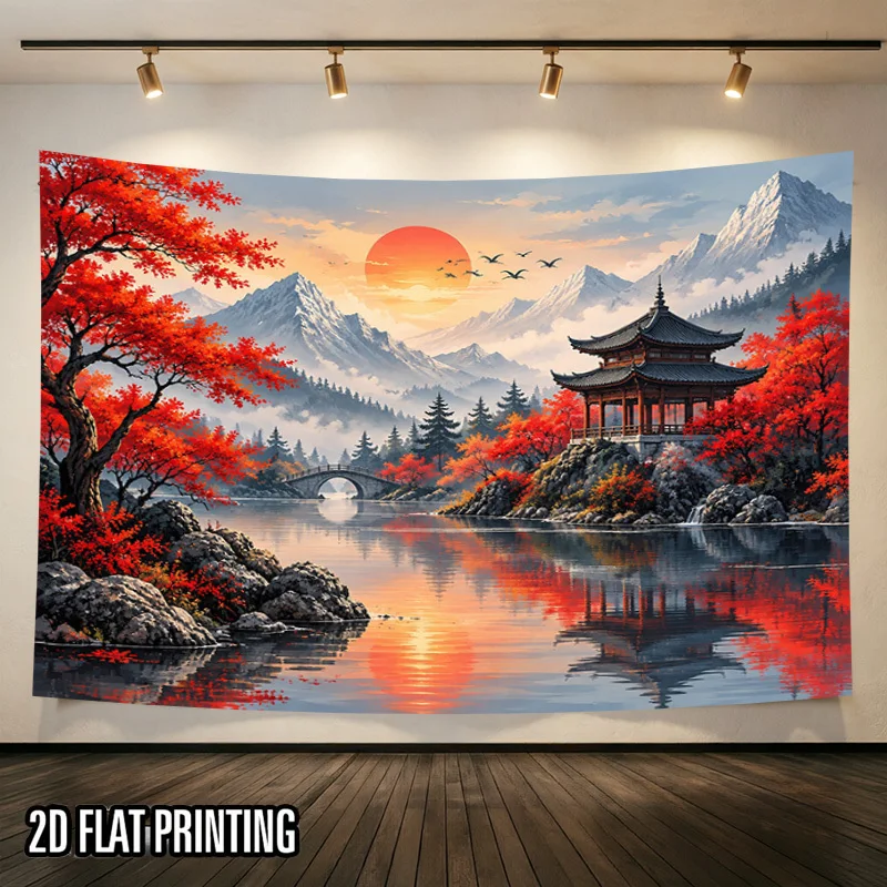Oriental Landscape Tapestry, Sunset Snow Mountain Lake Ancient Pavilion Red Maple Tree Scene Wall Hanging for Dorm Apartment