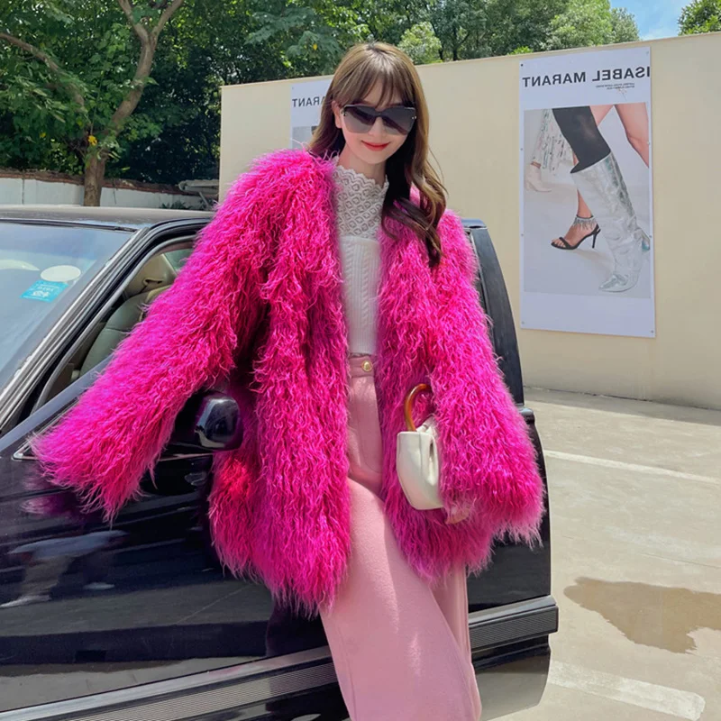 Faux Fur Coat สไตล์เกาหลีกลางความยาวสีชมพูมองโกเลียแกะขนสัตว์แจ็คเก็ตสำหรับสตรีฤดูหนาววินเทจประดิษฐ์เสื้อขนสัตว์