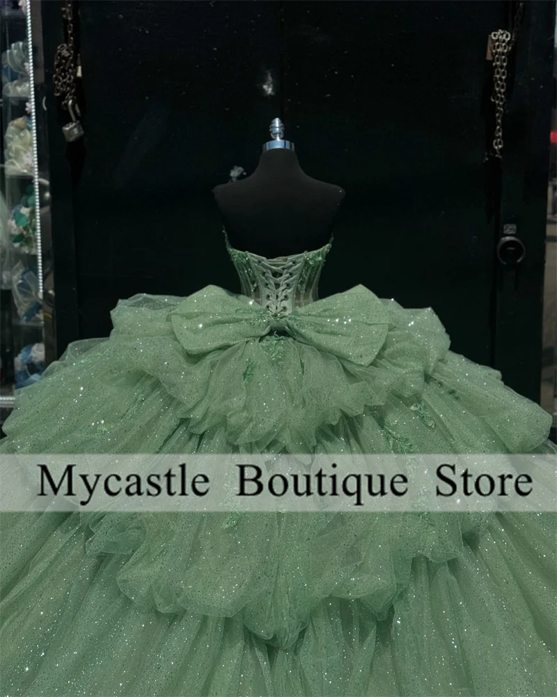 Mint Green Tulle With Bow Quinceanera Dress Ball Gown 2025 Lace Applique Beading Sweet 16 Dress Customized Vestidos De 15 Anos