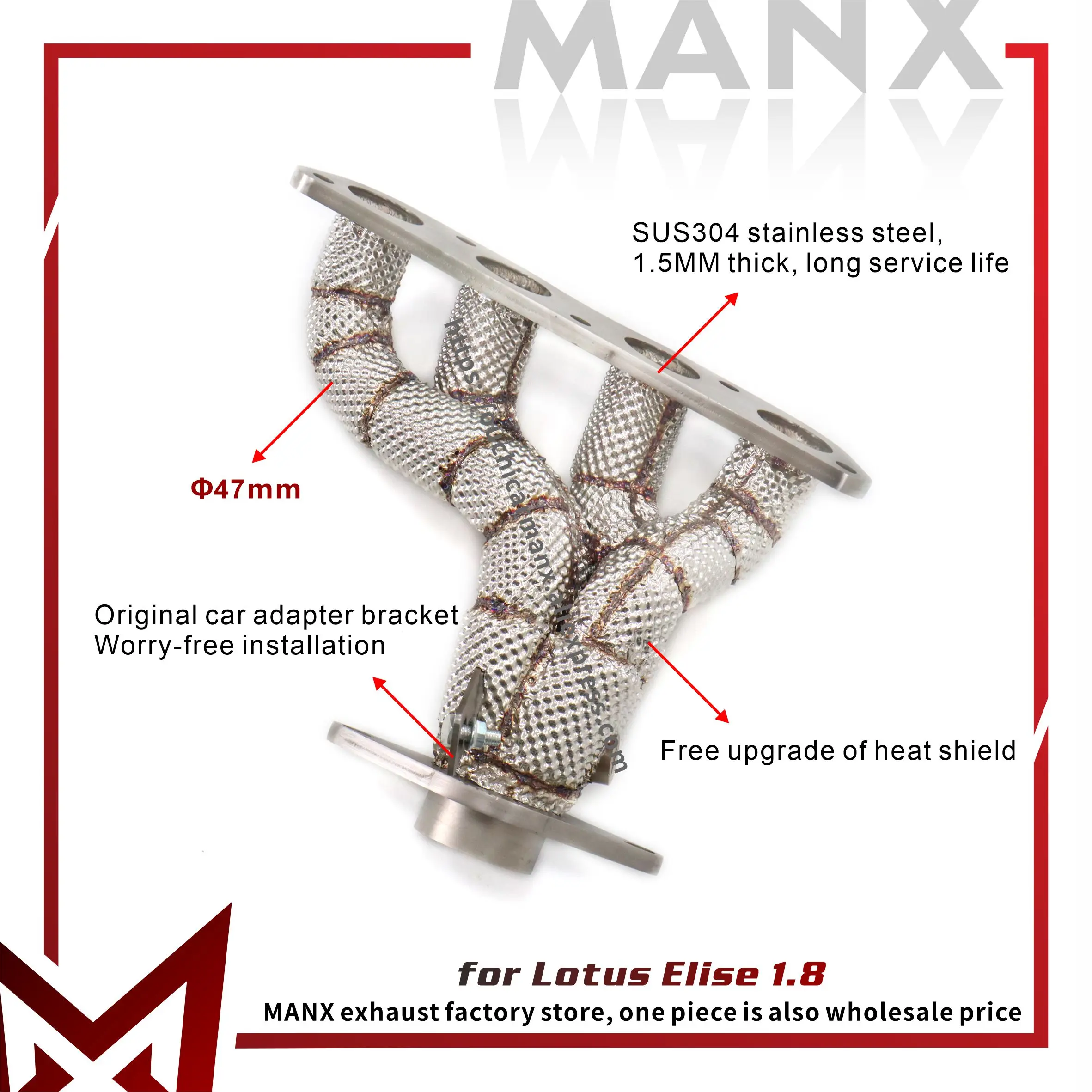 Sistema di scarico MANX per Colettore Lotus Elise 1.8 Collettore SS304 Installazione sostitutiva Aumenta il diametro del tubo
