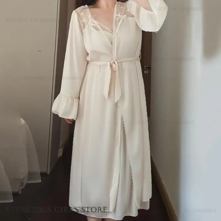 

Длинный комплект-двойной халат больших размеров, комплект одежды для сна, сексуальная перспективная кружевная ночная рубашка, домашняя одежда, шелковистое атласное кимоно, халат, одежда для дома