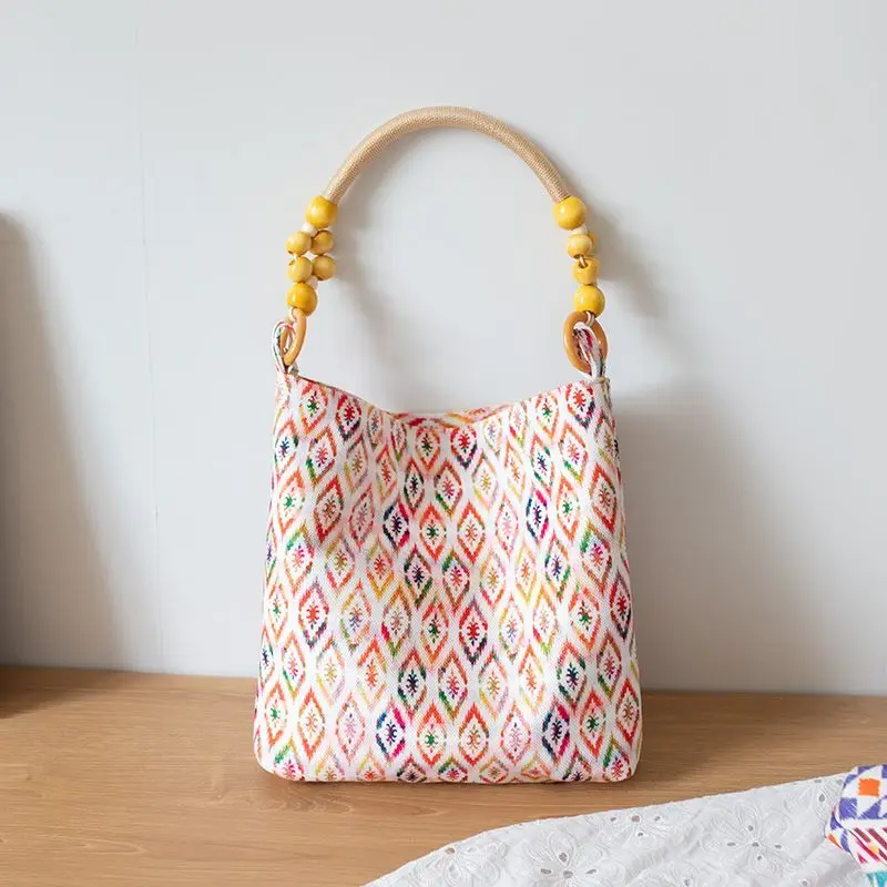 Yellow Black Green Red Blue Beige Ethnic Boho Ikat Pattern Canvas Shoulder Wooden Bead Strap Hobo Bag Literary Commute For Girls