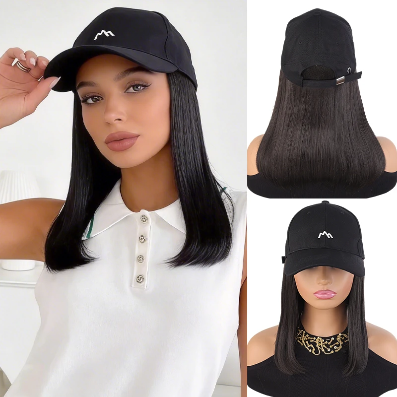 

Women's Black Baseball Cap with Synthetic Straight Wig, Inner Turn Up Style Hair Hat, Heat Resistant Fiber Hairpiece for Daily C