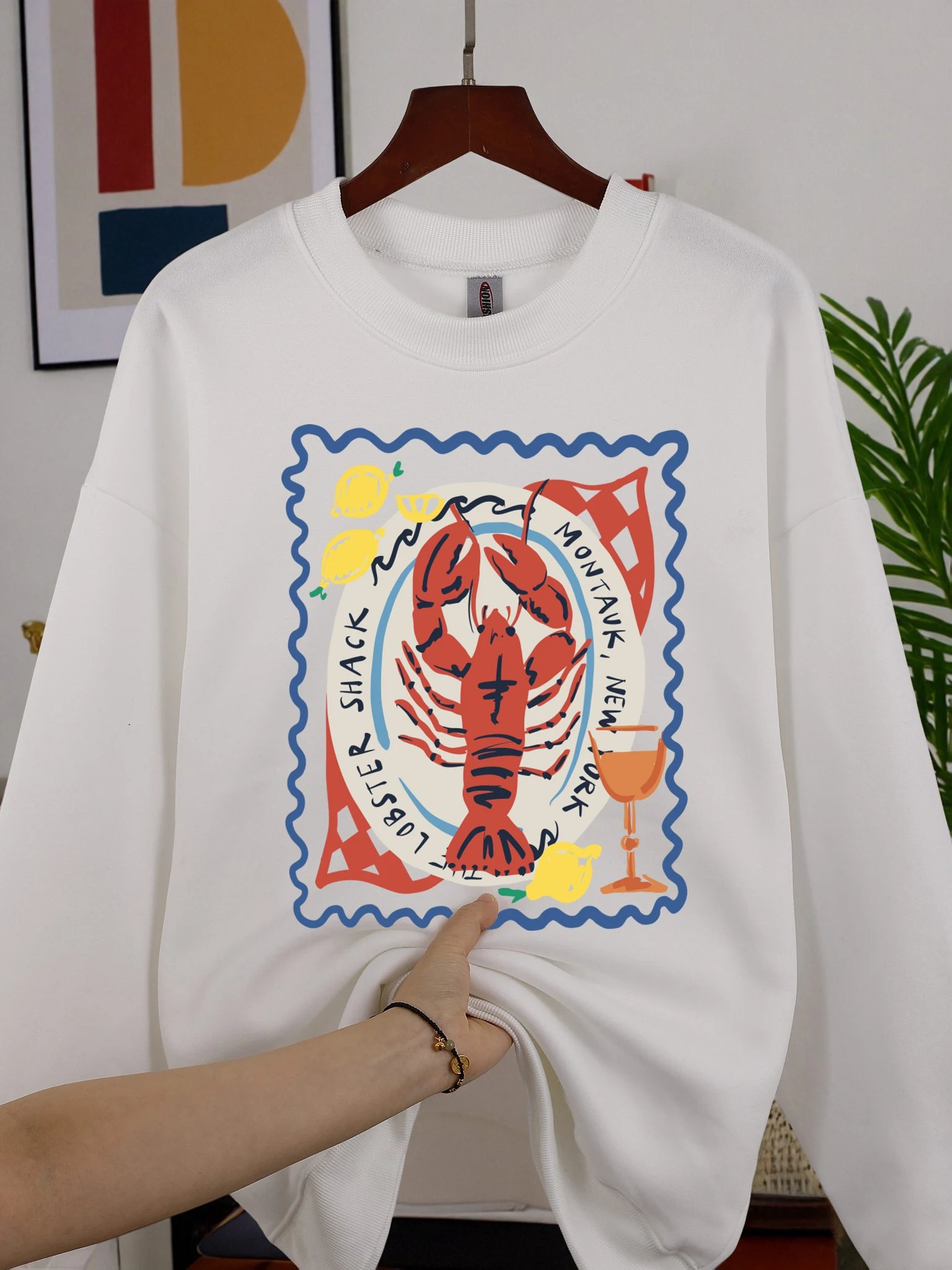 Zitronengetränk mit Hummer bedrucktes Damen-Sweatshirt, Fleece, lässiger Pullover, O-Ausschnitt, Herbst, Streetwear, Sport, Jogging, Y2K-Kleidung