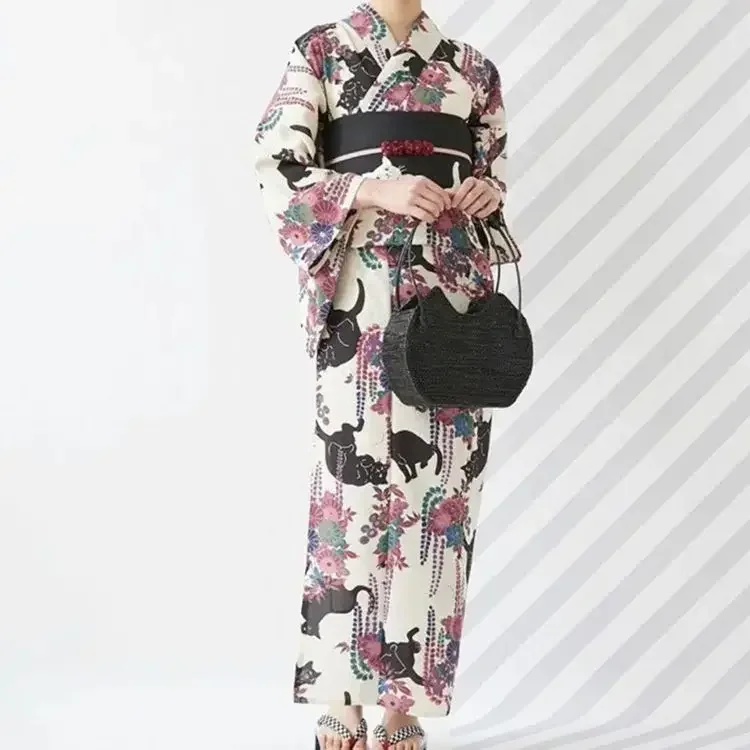 

Traditional Japanese Kimono Women Cosplay Clothes Vintage Summer Dress Formal Wear Cat Prints Yukata Robe