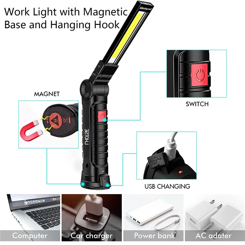 USB recarregável Flash Light, COB tocha, cauda Magnet trabalho luzes, portátil Camping lanterna, LED trabalhando lâmpada, lanterna, 5 modos