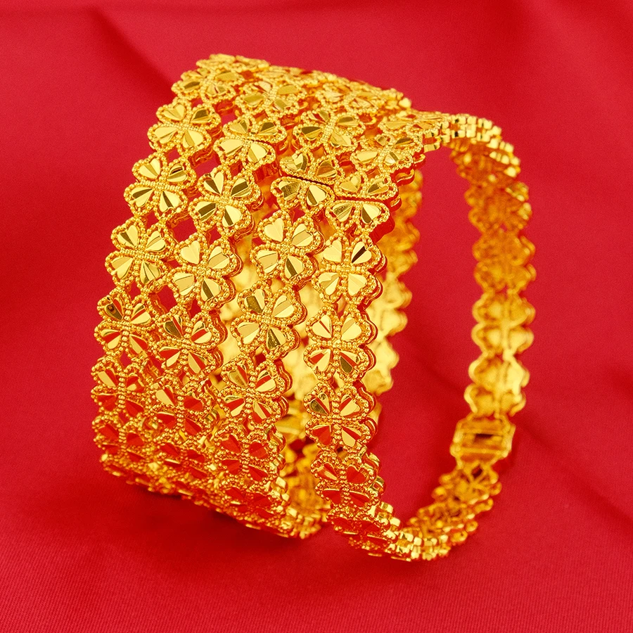 Dubai Women\'s Four Leaf Clover Gold Plated Indian and African Hard Bracelet Charming Wedding Ethiopian Arabian Treasure Luxury