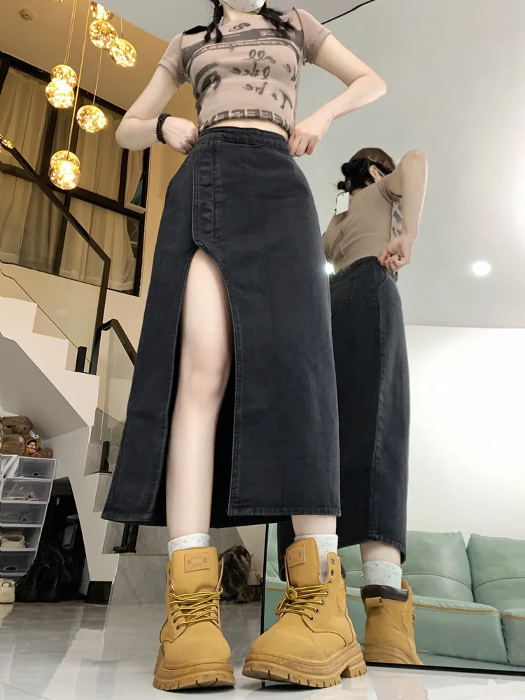 European American Jeans Skirt Y2k Women Denim Long Skirts Summer Vintage Maxi Skirt Side Split Denim Skirt Women Long Korea