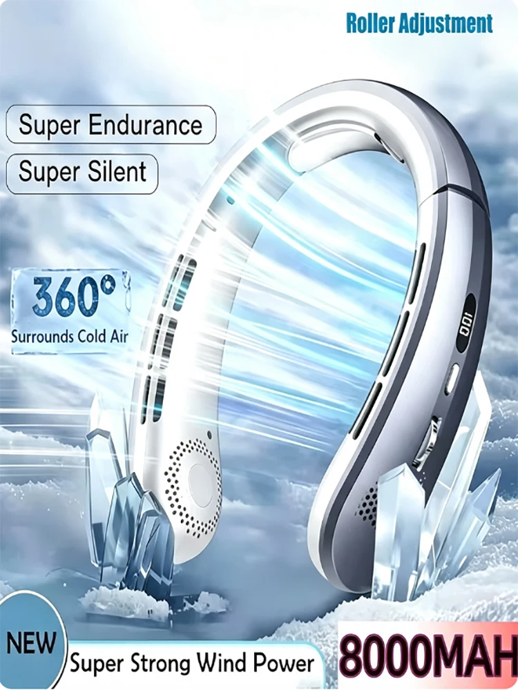 8000 mAh tragbarer, blattloser USB-Ventilator zum Umhängen, wiederaufladbar, geräuscharm, mit LED-Digitalanzeige, Luftkühler, freihändiger Ventilator für Zuhause und Outdoor