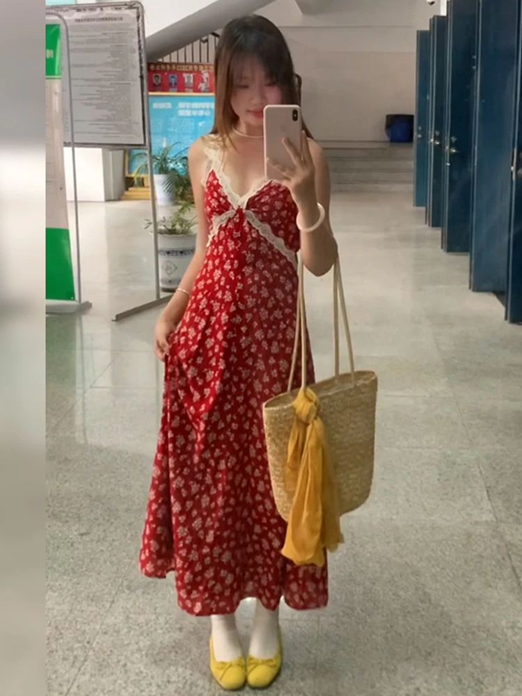 Abito Lungo Estivo da Donna con Stampa Floreale in Pizzo Rosso Retrò, Stile Giapponese Dolce con Vita Alta e Cintura