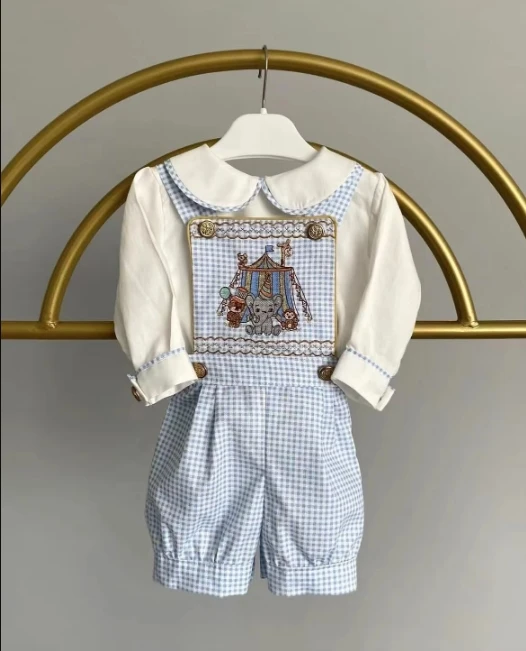 Baby Girl Summer Blue Plaid Elephant Embroidery Turkish Vintage Princess Dress Boy Suit for Birthday Easter Photography Eid B136