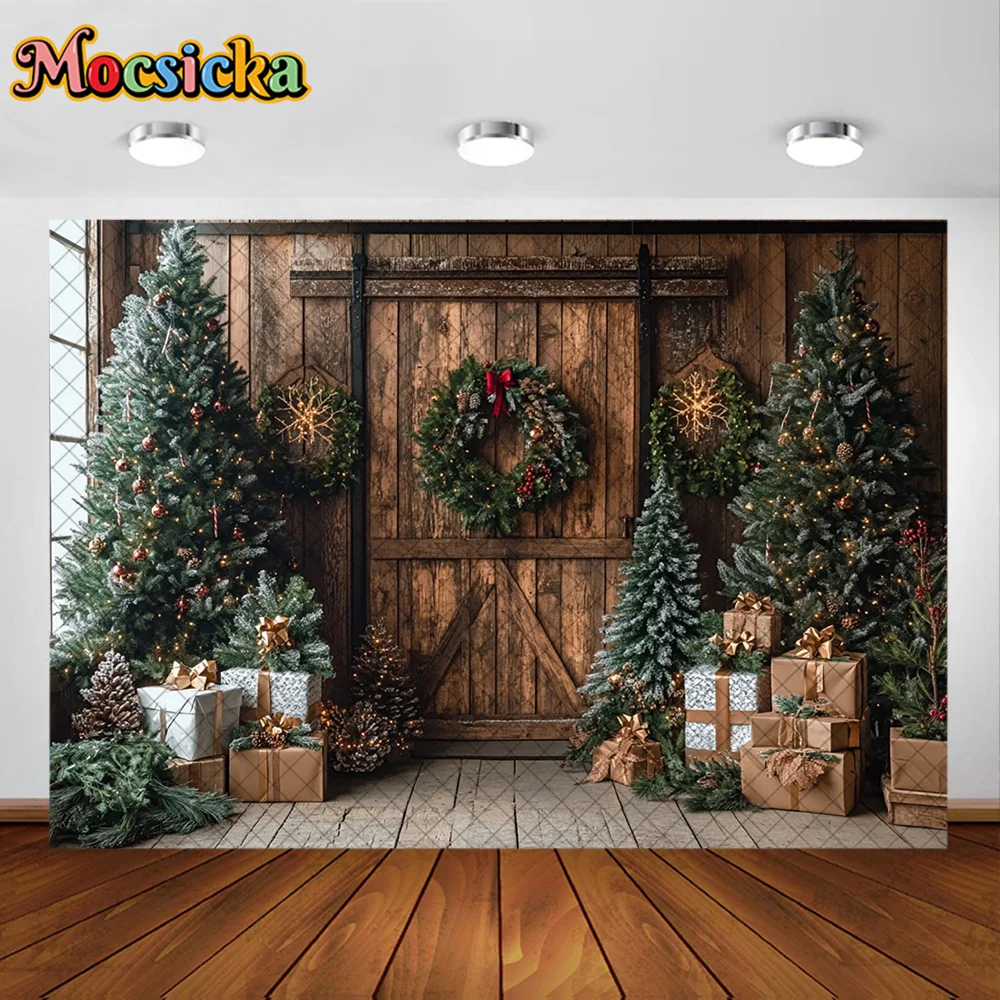 Mocsicka 写真撮影の背景 クリスマスルーム ツリードア リース 装飾背景 家族 子供 クリスマス ホリデー パーティー プロム スタジオ