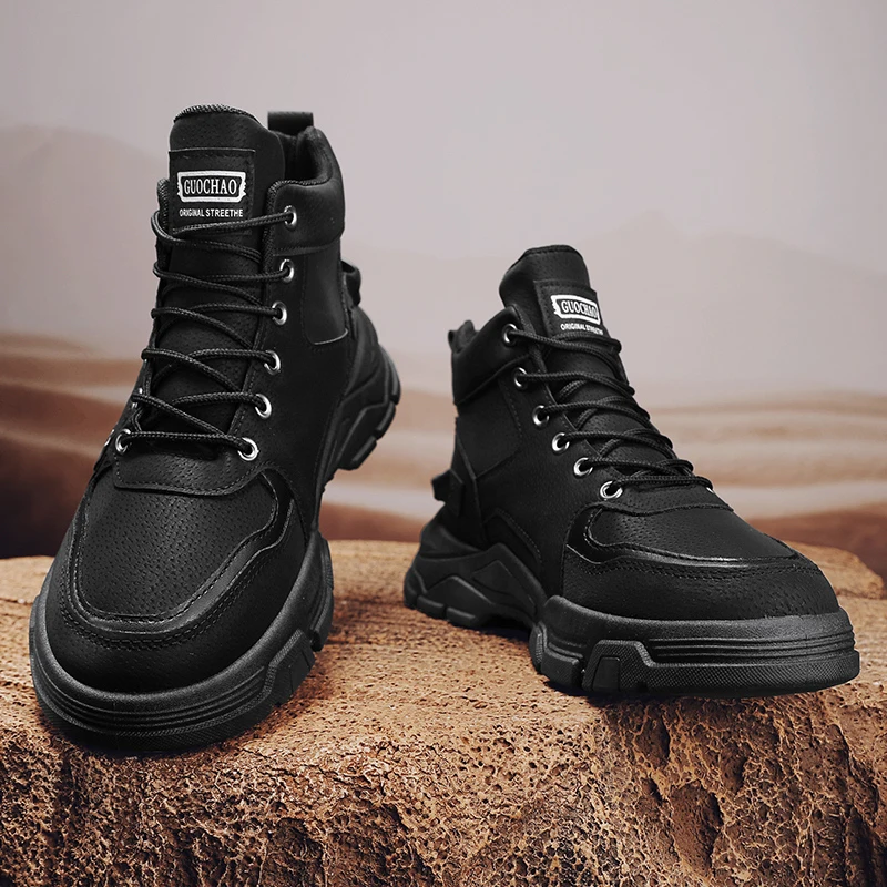 Men High Top Chunky Platform Work Boots, Non-slip Wear-resistant Lace Up Combat Shoes For Hiking Camping Street Daily Wear view 4