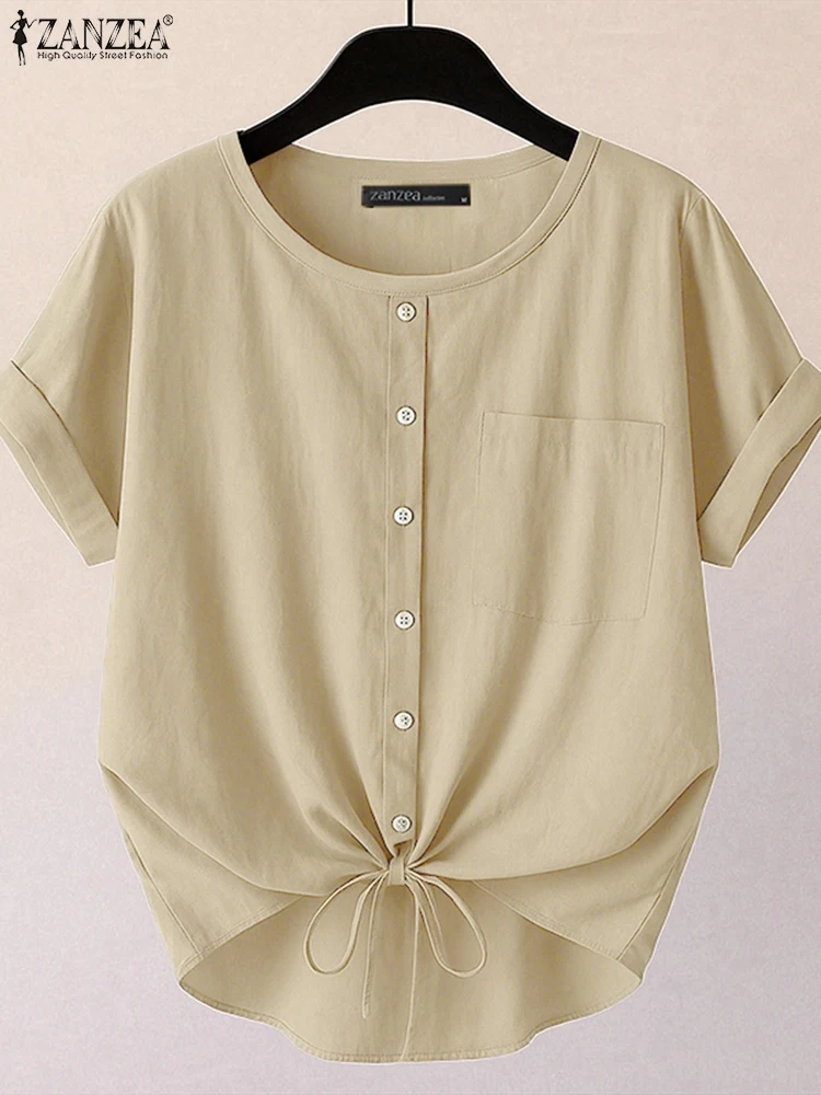 

ZANZEA женская летняя однотонная рабочая блузка с коротким рукавом модная рубашка женская на пуговицах Blusas повседневные свободные топы с круглым вырезом оверсайз