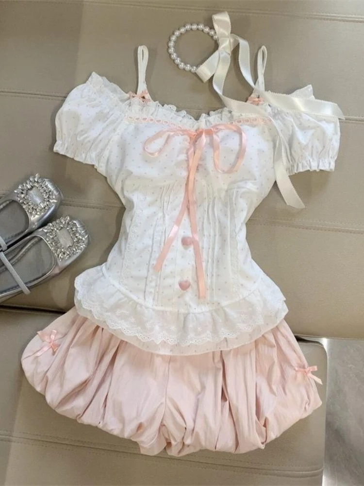 

Summer Korean Sweet Pure Desire Suit Women Lace Stitching Bubble Sleeve Tops Bud Mini Skirt New Slim Fashion Fairy Sexy Outfits