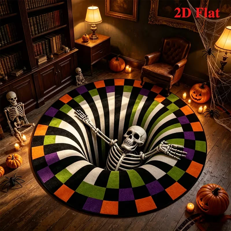 Skeleton Checkerboard Hole Round Rug Living Room Bedroom Entrance Cloakroom Study Room Area Rug Home Decor 2D Print Mat