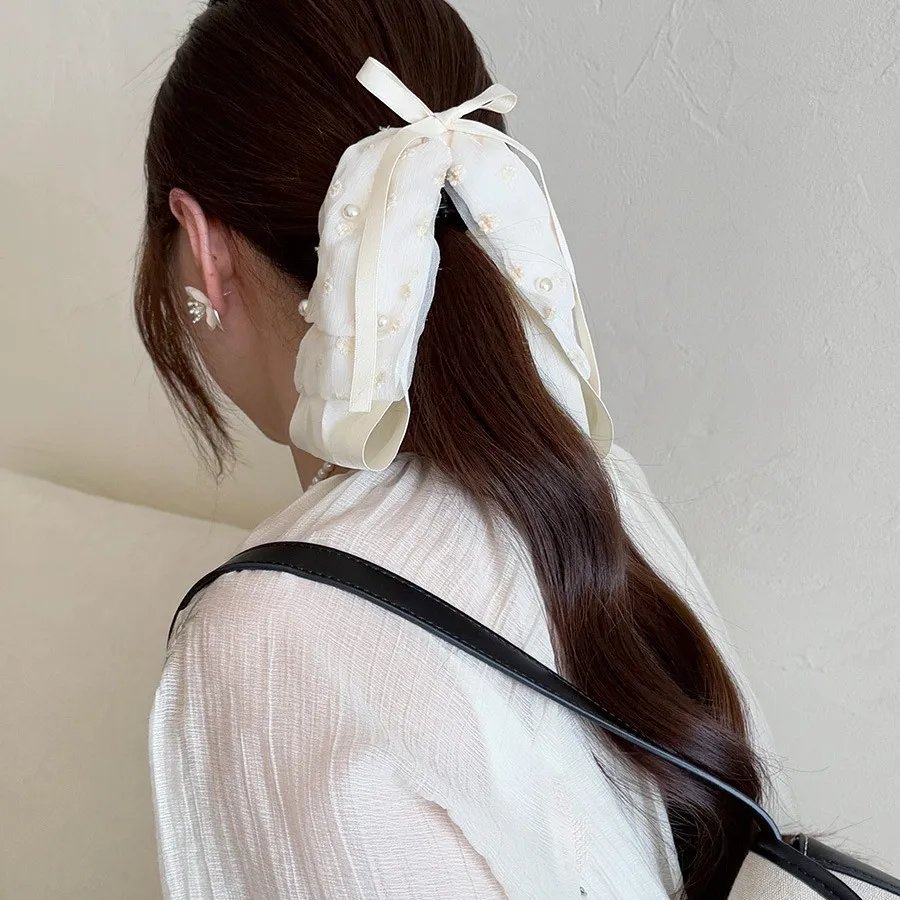 

Ribbon Bow Hair Claw With Floral And Pearl For Half Up Back Head Korean Gentle Style Shark Clip Premium Soft