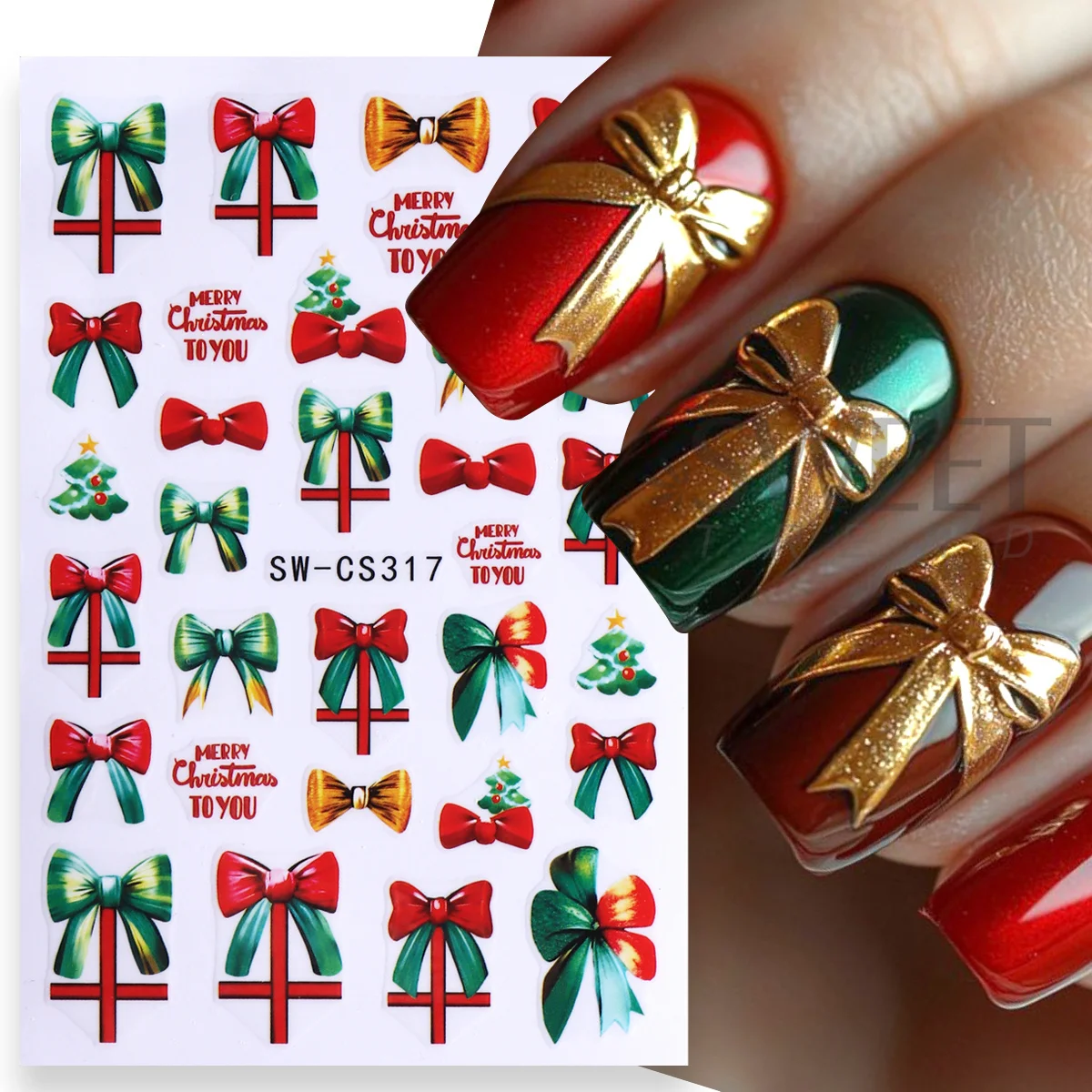 3 pçs feliz natal prego manicure decalques grande flor vermelha dos desenhos animados boneco de neve azevinho arco presente doces bastões design adesivos decoração de inverno