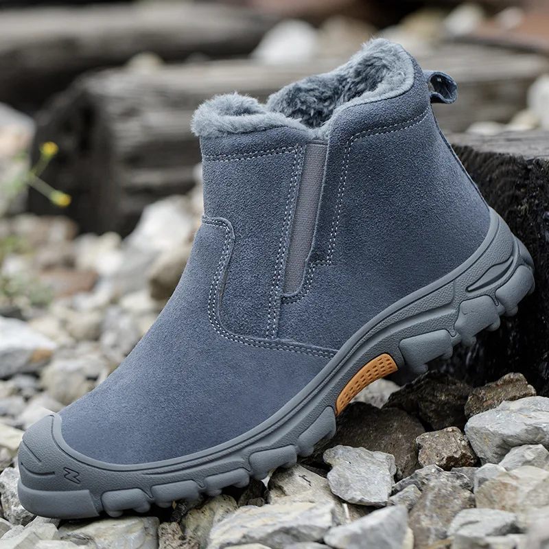 Winter work boots, cotton shoes, high-top, fleece-lined, warm, cowhide, anti-scald, steel toe cap, anti-impact, anti-puncture