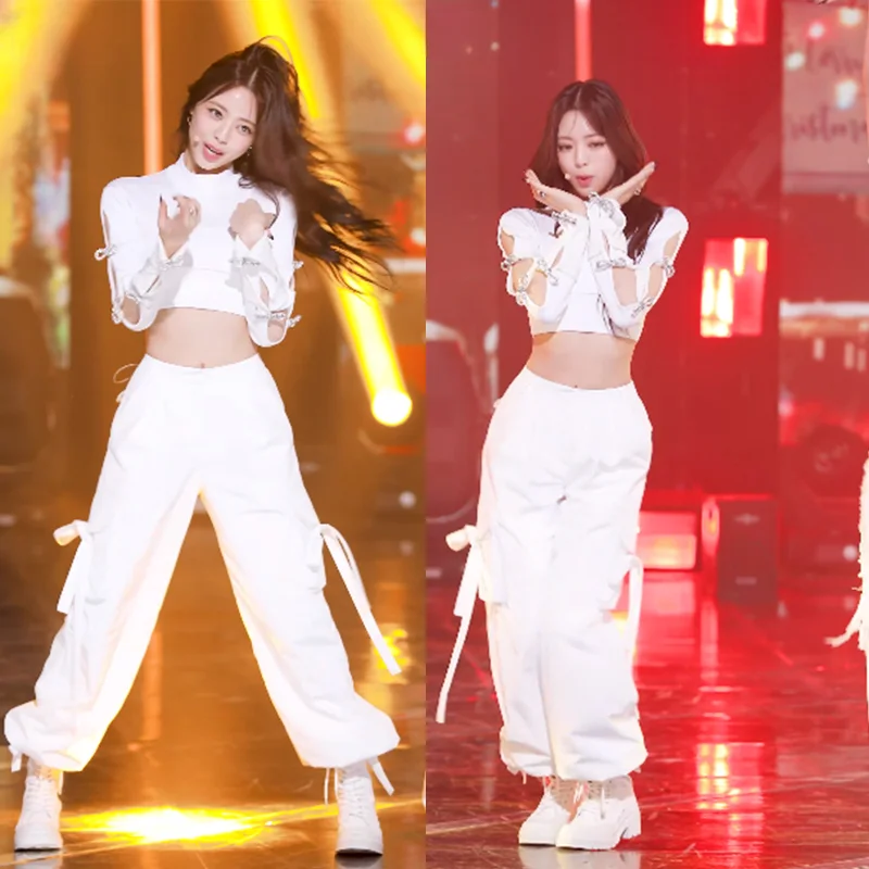 Kpop Girl Group New Jazz Dance White Slim Hollow Out Long Sleeve Vest Crop Tops + Hip Hop Loose Cargo Pants Women Two Piece Set