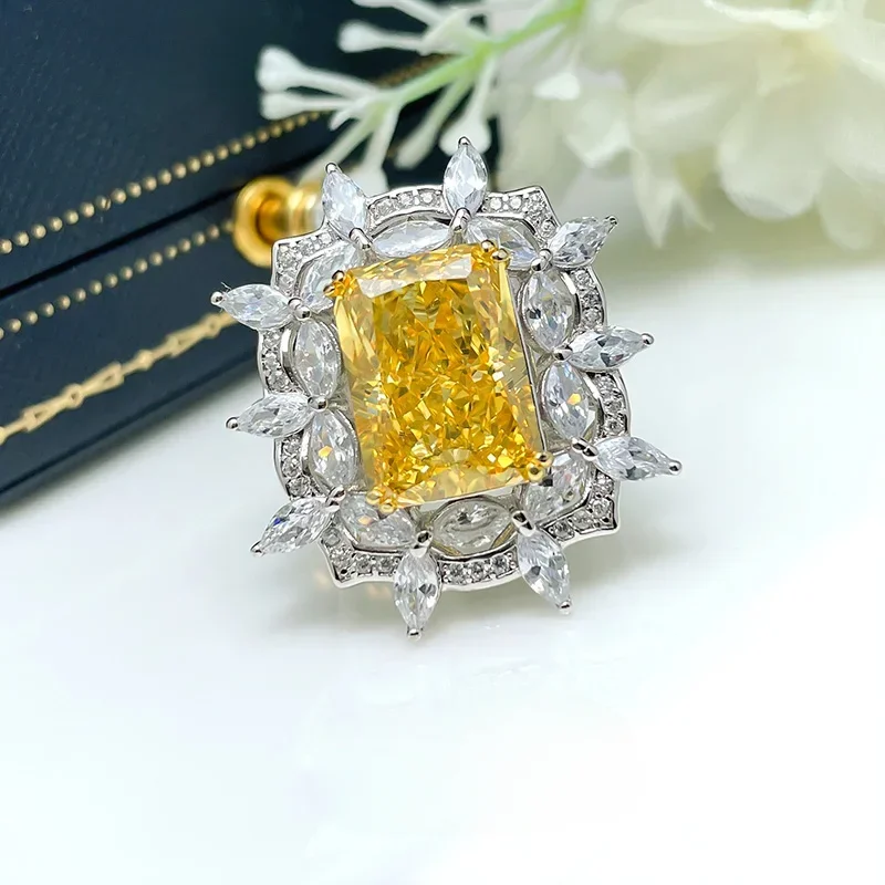 

10 Carat Fashion European and American Style Retro Banquet Yellow Diamond Blue Diamond Ring 925 Silver Simple Wedding Jewelry