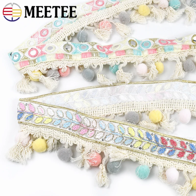 1/3Meter Meetee Ethnic Embroidered Jacquard Tassel Hairball Lace Ribbon Trim DIY Craft Hometextile Cloth Decoration Accessories