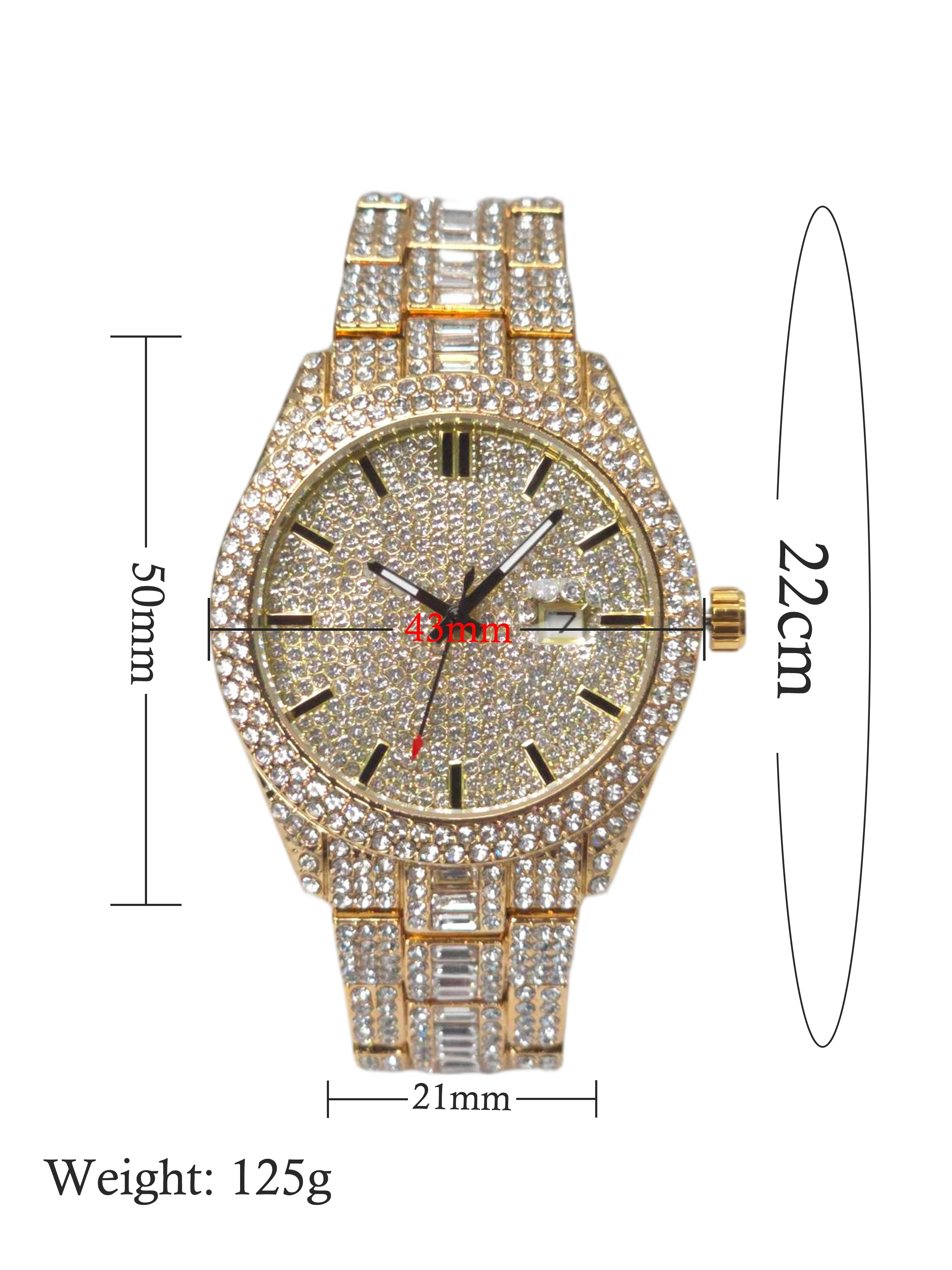 メンズゴールドクォーツ時計ダイヤモンド付き高級デザインヒップホップファッション腕時計男性用カレンダー発光針腕時計新しいギフト