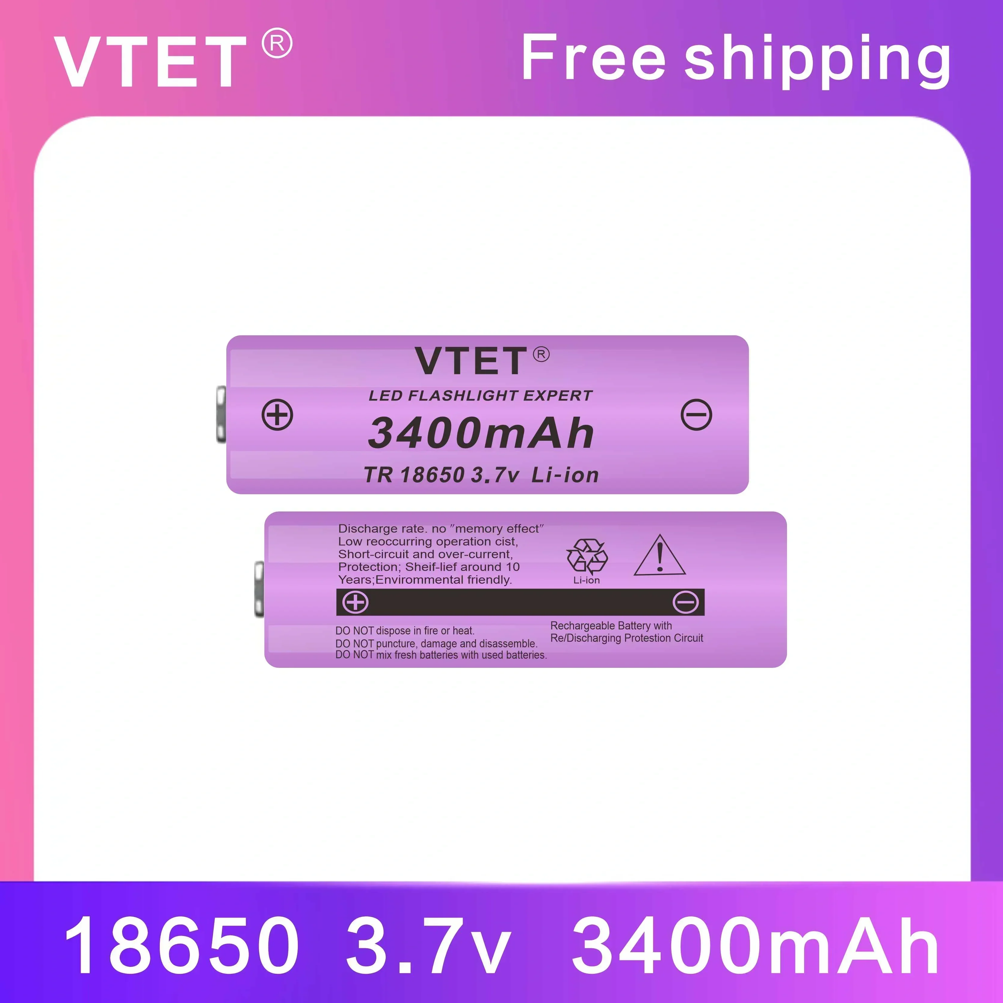2024VTET New 3.7V 3400mAh Rechargeable Lithium ion High Quality LED Flashlight Battery Reusable 18650Battery DIY Toy Fan Battery