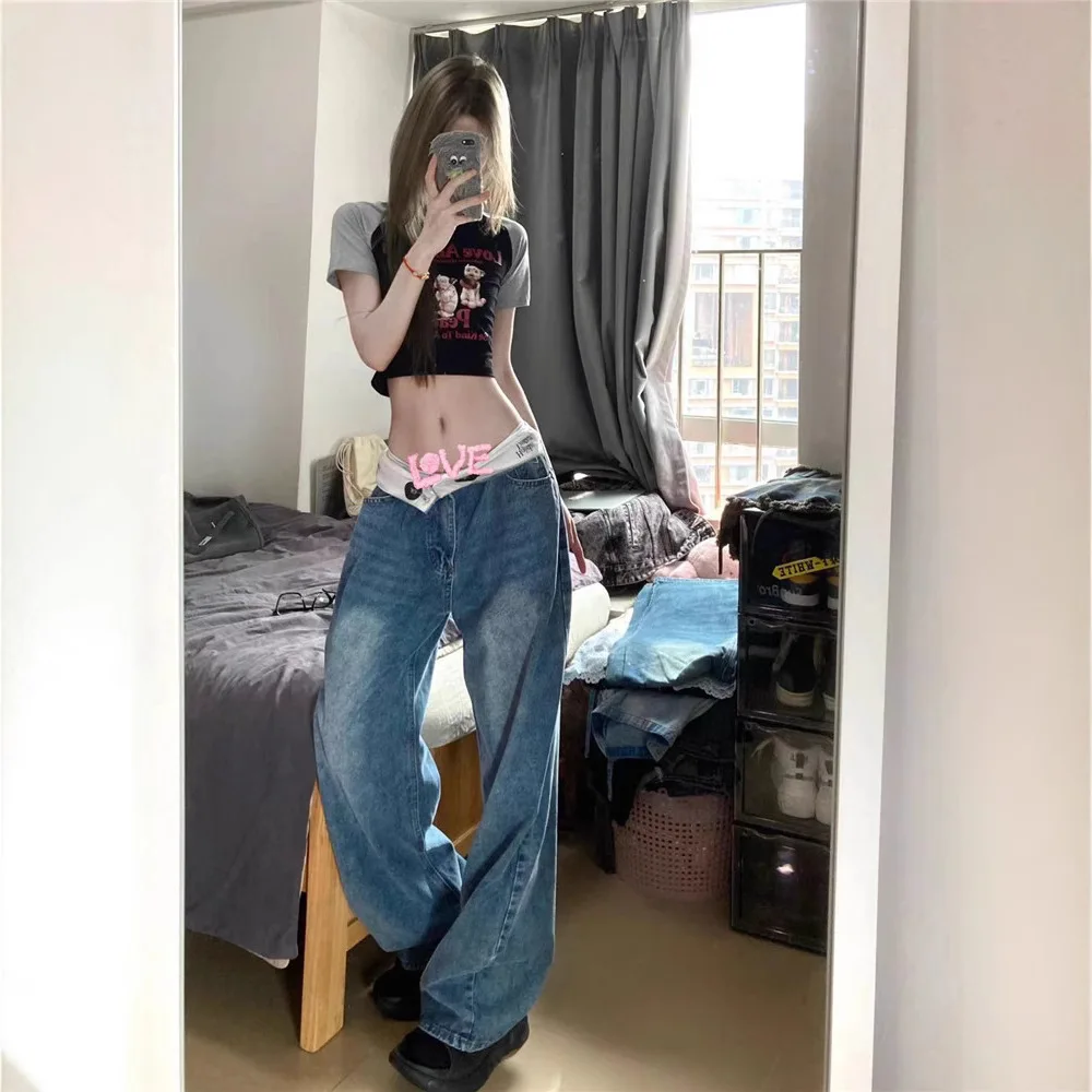 Vintage Jeans Design Sense Waist Cuff Loose Wide-leg Trousers Simple Casual Straight-leg Pants Ins
