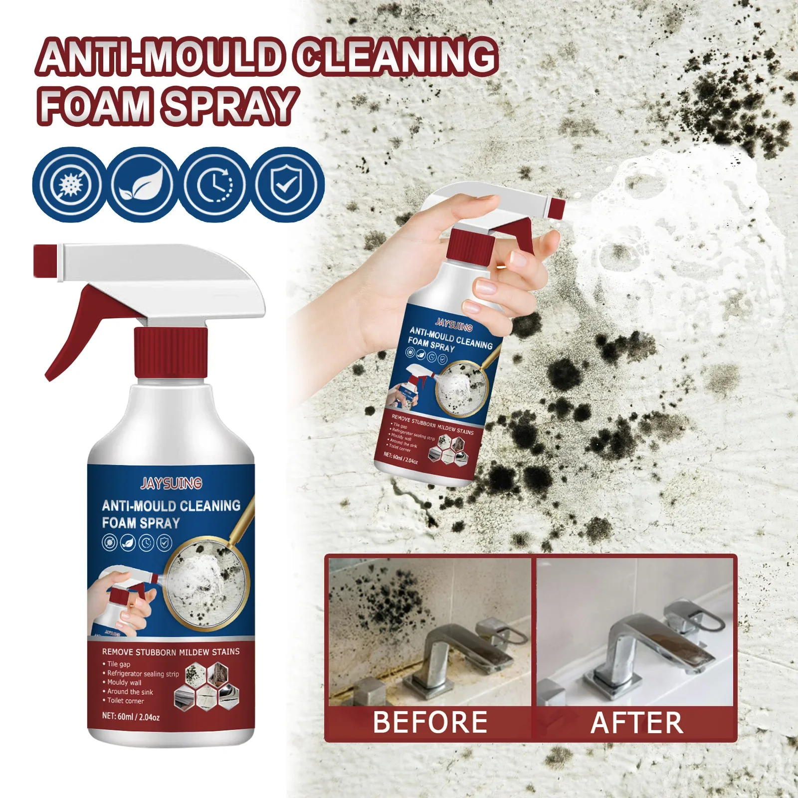 Jaysuing Foam Cleaning Mold Removal Spray, Tile Wall Bathroom Silicone Multifunctional Cleaning Mold Removal Spray