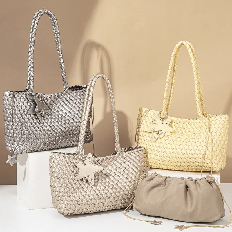 

Knitting PU Fabric Woven Tote Bag Women Large PU Beach Bag with Purse Weave Handbag for Outdoor Handmade Weaving Daily Tote