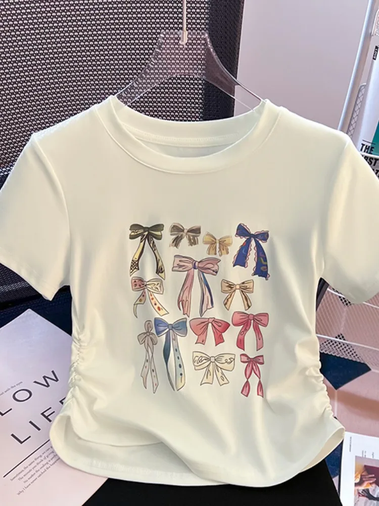 

Summer ort Sve T-irt Women's Knot Print Folded Waist ort Sle Cotton Polyester round Ne Top Commute Sle