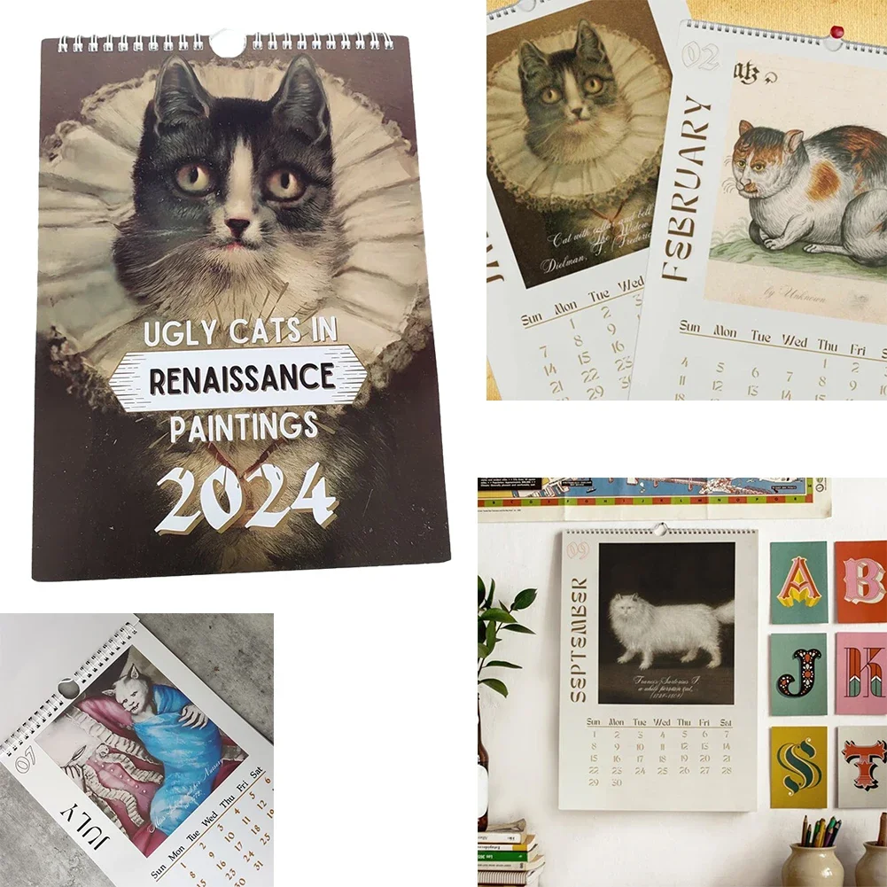 2024 Cute Cats Wall Hanging Calendar 12 Month Hangable Cats Calendar 29x21cm Prank Gift for Cat Lovers